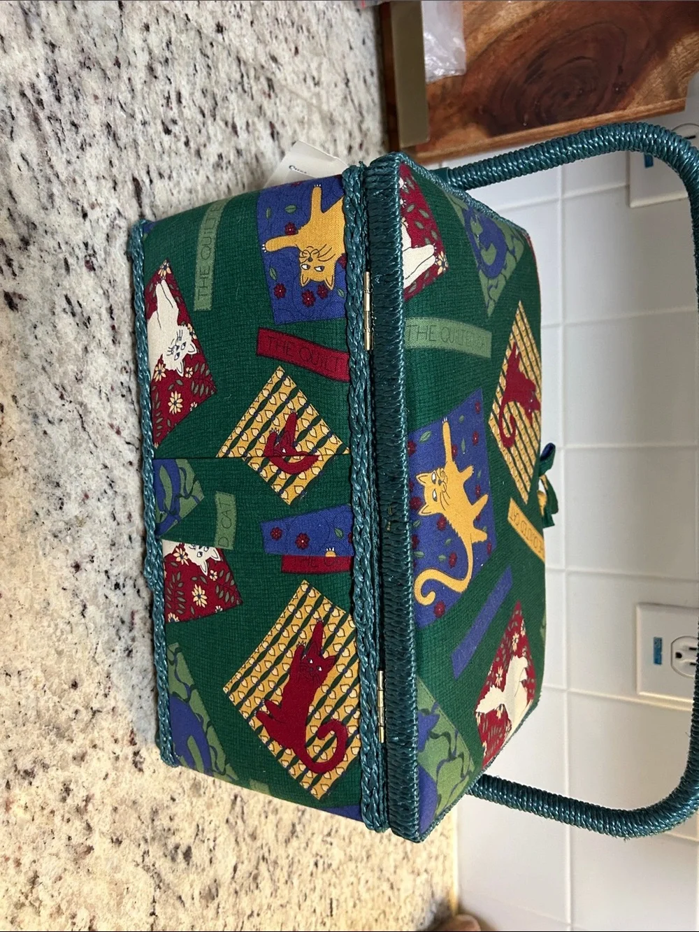 Green Cat Patchwork Sewing Basket with Teal Handley